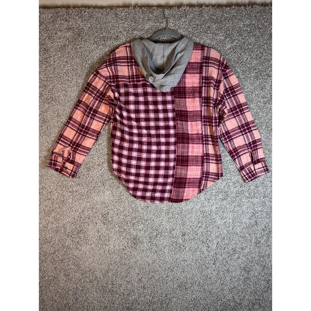 Justice Girls Long Sleeve Flannel Plaid Shirt With Hood L 12-14 Pink Grey Casual